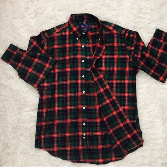 Hunt Club Medium Red Green Blue Twill Plaid Long Sleeve Button Down Shirt - Picture 2 of 6